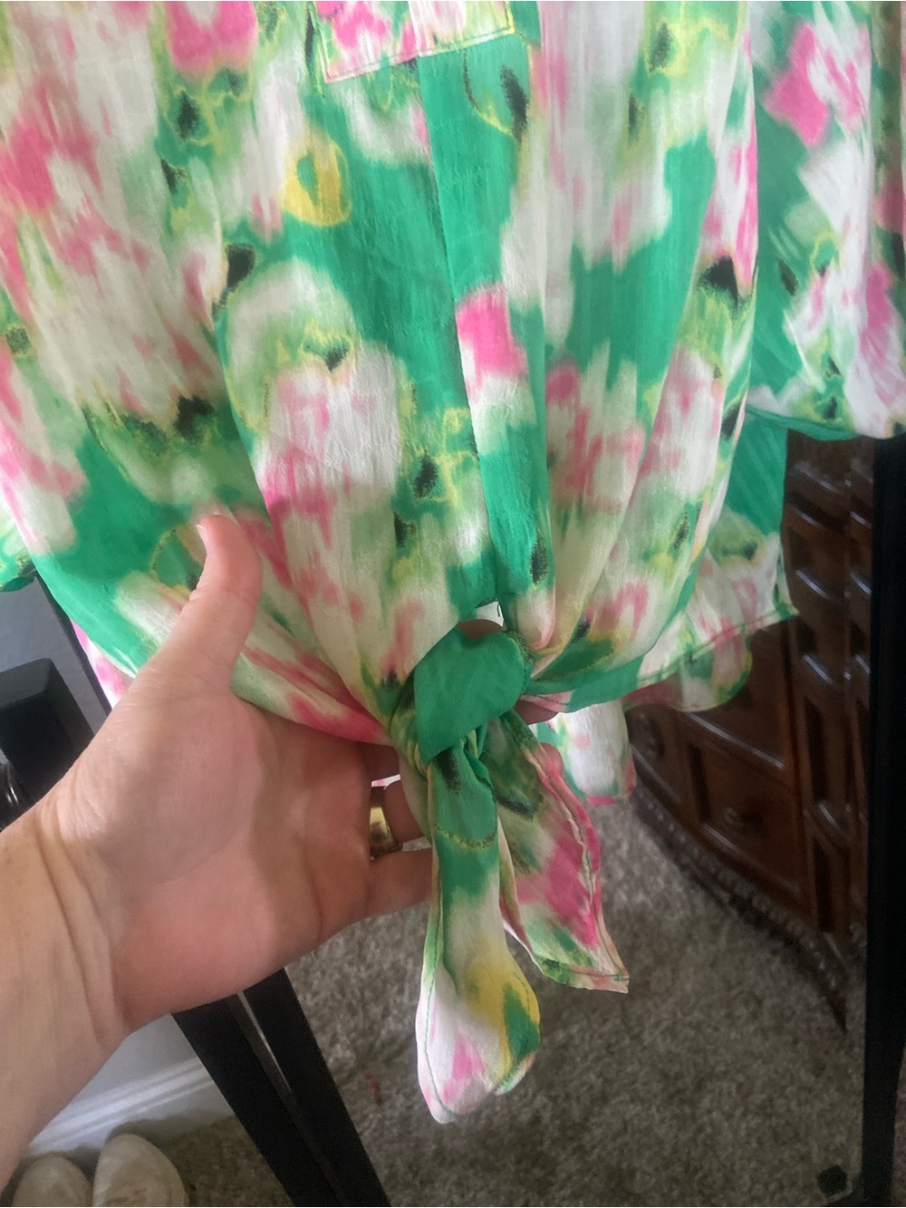 Rose & Olive Green Floral Tie-Front Peasant Blouse - Picture 5 of 11